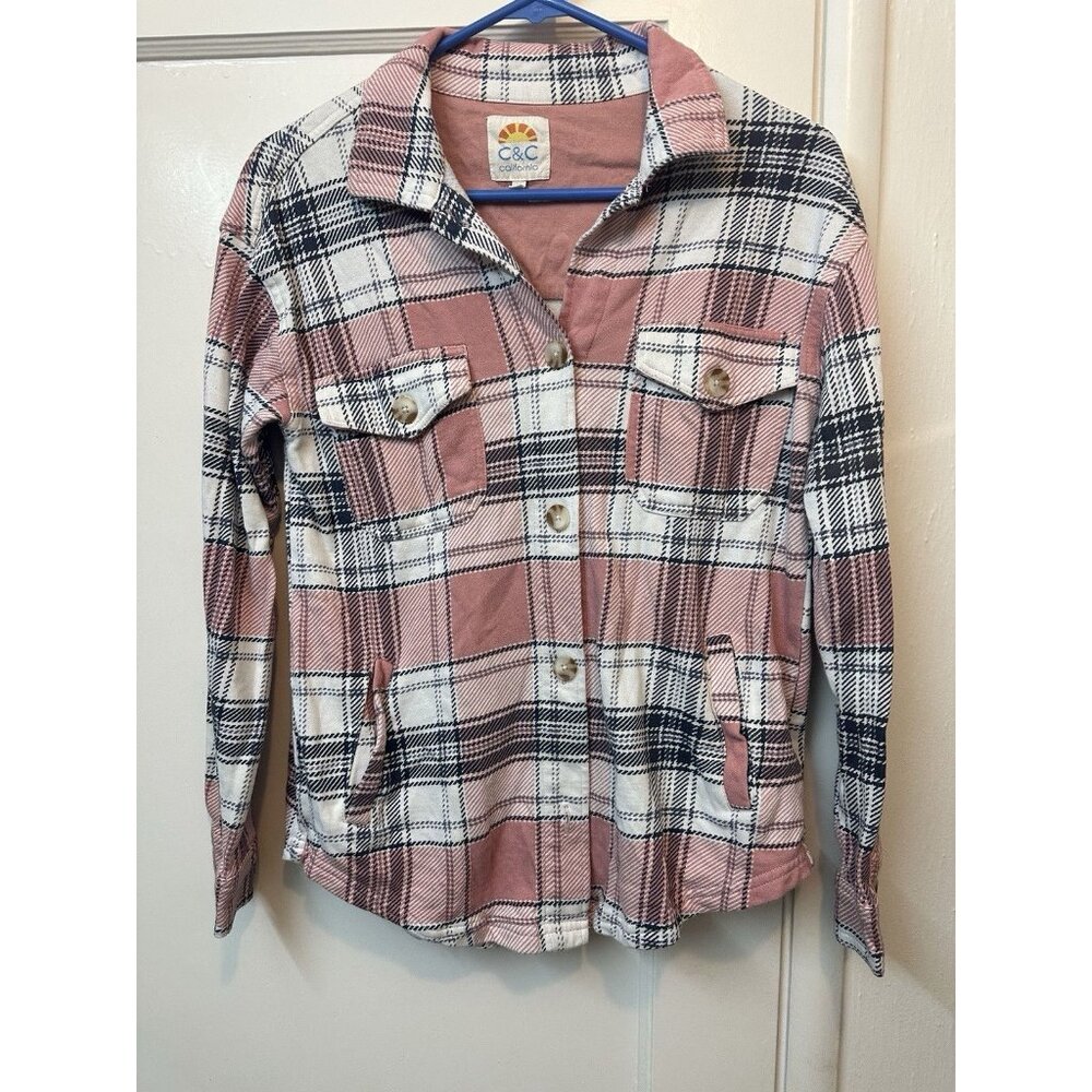 C&C California Plaid Shacket Jacket Women’s Small Pink Cream Button Up Shirt‎